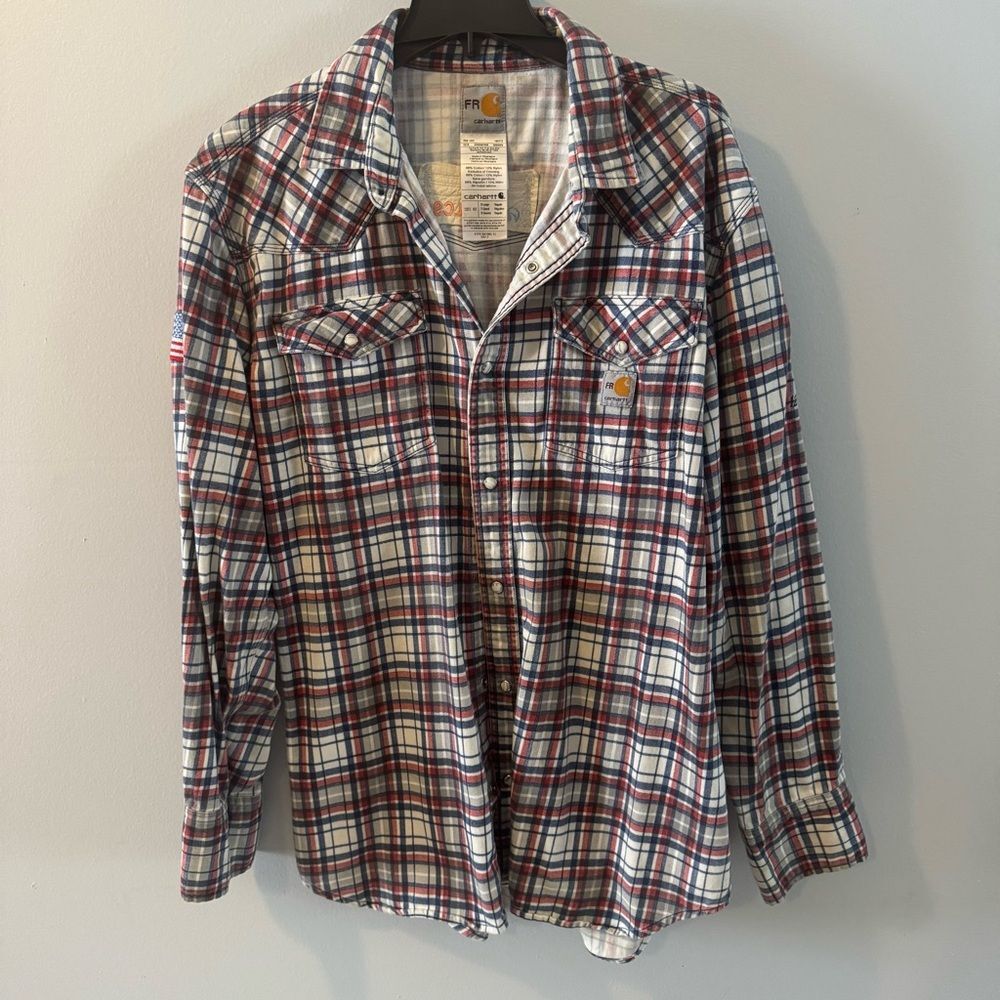 Carhartt Men’s American Flag Patch Plaid Pearl Snap Western Shirt XL